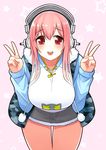  bent_over blush breasts double_v headphones large_breasts long_hair looking_at_viewer murakami_monako nitroplus open_mouth pink_hair pom_pom_(clothes) red_eyes smile solo super_sonico v 