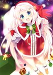  :d bell blonde_hair blue_eyes blush boots box capelet christmas dress fur_trim gift gift_box gloves hair_ornament hair_ribbon hairclip hat highres long_hair looking_at_viewer low_twintails open_mouth original outstretched_hand red_gloves ribbon sack santa_costume santa_hat shirogane_rio_(artist) short_dress smile snow snowing solo star starry_background tassel twintails very_long_hair white_hair 