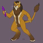  animal_genitalia anthro bakari balls fangs feline fur hair lion looking_at_viewer male mammal nude sheath smile solo standing teeth 