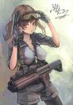  artist_name black_legwear breasts brown_eyes brown_hair cleavage dog_tags eotech flashlight gloves goggles goggles_on_head gun handgun highres kel-tec kel-tec_ksg koh_(minagi_kou) load_bearing_vest medium_breasts open_mouth original shorts shotgun shotgun_shells solo thighhighs trigger_discipline twintails watch weapon weapon_request 