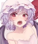  alternate_costume asa_(coco) bat_wings blush camisole collarbone eyebrows_visible_through_hair eyes_visible_through_hair fangs flat_chest hat hat_ribbon lavender_hair looking_at_viewer mob_cap nose_blush open_mouth red_eyes remilia_scarlet ribbon saliva saliva_trail short_hair slit_pupils solo strap_slip teeth tongue touhou upper_body wings 