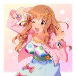  :3 :d \m/ arm_up bangs blue_dress blush border bow breasts brown_hair clenched_hand cropped_jacket cummerbund dress eyebrows_visible_through_hair gradient gradient_background hair_ornament idolmaster idolmaster_cinderella_girls jacket jewelry kiri_futoshi lace long_hair medium_breasts moroboshi_kirari necklace one_eye_closed open_mouth orange_eyes outline outside_border pink_jacket polka_dot polka_dot_dress ribbon signature smile solo star star_hair_ornament wavy_hair white_border white_outline wrist_ribbon 