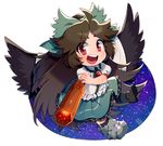  :d ahoge arm_cannon bangs bird_wings black_hair black_wings blouse blush bow cape chibi collared_shirt eyeball eyebrows_visible_through_hair frilled_shirt frilled_shirt_collar frilled_skirt frills green_bow green_skirt hair_ribbon hand_on_own_arm kiri_futoshi large_wings loafers long_hair mismatched_footwear open_mouth outline parted_bangs ponytail puffy_short_sleeves puffy_sleeves red_eyes reiuji_utsuho ribbon round_teeth shirt shoes short_sleeves sidelocks signature skirt smile solo starry_sky_print teeth thick_eyebrows thighhighs touhou transparent_background very_long_hair weapon white_outline white_shirt wings 