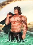  1boy abs black_hair facial_hair final_fantasy final_fantasy_xv gladiolus_amicitia looking_at_viewer male_focus muscle outdoors pecs scar smile smirk tattoo topless undressing water 