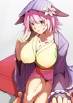  ayakumo bangs blush breasts cleavage collarbone covered_nipples flower grin hat hat_flower highres japanese_clothes kimono large_breasts long_sleeves looking_at_viewer mystical_power_plant original pink_hair puffy_nipples red_eyes sash self_shot short_hair smile solo thighs tobikura_momo toned touhou v wide_sleeves 