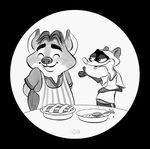  anthro apron belly big_belly canine clothed clothing disney duo eyes_closed food fox fur gideon_grey hair male mammal monochrome shirt smile spoon thumbs_up travis_(zootopia) unknown_artist zootopia 
