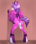  2016 against_wall alternate_species anthro black_fur blush butt equine feathered_wings feathers female fur hair hooves looking_at_viewer looking_back mammal nude open_mouth pegasus purple_eyes purple_feathers purple_fur purple_hair pussy rear_view selene_leni solo suelix teeth tongue transformation white_fur wings 