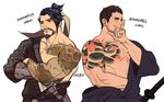  2boys bara chris_redfield crossover facial_hair hanzo_(overwatch) looking_at_viewer male_focus multiple_boys muscle overwatch resident_evil smile sword tattoo weapon 