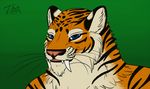  anthro bakari fangs feline fur looking_at_viewer male mammal simple_background smile solo teeth tiger whiskers 