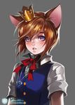  animal_ears blue_eyes brown_hair cat_ears crown grey_background jewelry kingdom_hearts male_focus na_young_lee necklace ribbon signature simple_background solo sora_(kingdom_hearts) vest watermark 