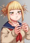  4shi :3 bags_under_eyes bangs blonde_hair blunt_bangs blush boku_no_hero_academia cardigan collarbone double_bun eyelashes grey_background hand_gesture highres messy_hair potters_wheel_pose school_uniform serafuku sidelocks simple_background sleeves_past_wrists slit_pupils smile smug solo toga_himiko upper_body yellow_eyes 