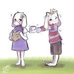  anthro asgore_dreemurr barefoot beverage blush book boss_monster caprine clothing crown cup dress duo eyewear fasli female flower food glasses goat grass mammal plant shirt shorts simple_background standing tea toriel undertale video_games watermark white_background 