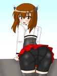  1girl artist_request ass bike_shorts blush breasts brown_eyes brown_hair cameltoe from_behind headband huge_ass kantai_collection leaning leaning_forward looking_at_viewer looking_back open_mouth pantylines shiny shiny_hair shiny_skin short_hair skirt solo sweatdrop taihou_(kantai_collection) thighhighs 