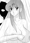  1girl bangs blush breasts dirty_pair eyebrows_visible_through_hair large_breasts long_hair monochrome nude shower wet you_gonna_get_raped yuri_(dirty_pair) 