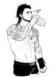  1boy abs facial_hair final_fantasy final_fantasy_xv gladiolus_amicitia gloves looking_away male_focus monochrome muscle solo sweat tattoo topless water 