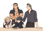  4boys final_fantasy final_fantasy_xv food gladiolus_amicitia glasses ignis_scientia male_focus multiple_boys noctis_lucis_caelum prompto_argentum size_difference smile table tagme vegetables 