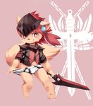  anthro bulge canine clothed clothing cub dog hair hat male mammal melee_weapon moki red_eyes red_hair smile solo standing sword underwear weapon young 