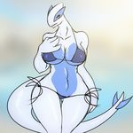  2016 anthro anthrofied big_breasts bikini blue_eyes bra breasts clothed clothing female hand_on_breast legendary_pok&eacute;mon lugia navel nintendo pok&eacute;mon pok&eacute;morph solo swimsuit underwear unknown_artist video_games voluptuous wide_hips 