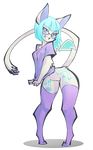  2016 alpha_channel anthro blue_eyes blue_hair breasts butt clothed clothing eyewear female fur glasses hair legwear looking_at_viewer no_underwear open_mouth plug pussy shirt short_hair simple_background smile solo teeth thepinkpirate thigh_highs transparent_background unknown_species wings 