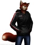  black_nose brown_fur canine clothing dan_scarlet fox fur green_eyes hoodie jeans male mammal mass_effect n7 pants red_fur simple_background solo video_games whiskers white_background white_fur 