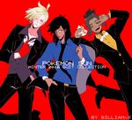  black_hair blonde_hair blue_eyes bow bowtie contrapposto copyright_name dark_skin dark_skinned_male fabulous formal gladio_(pokemon) green_eyes green_hair hau_(pokemon) highres jacket_over_shoulder malasada male_focus multiple_boys necktie pokemon pokemon_(game) pokemon_sm red_background sly-8 standing suit v you_(pokemon) 