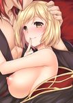  1girl abe_inori bed_sheet blonde_hair blush breasts brown_eyes djeeta_(granblue_fantasy) finger_to_mouth granblue_fantasy hand_on_another's_head hetero jewelry large_breasts lying necklace nipples on_side percival_(granblue_fantasy) puffy_nipples red_hair short_hair shushing smile topless 