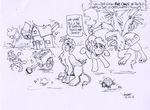  2016 angry avian building cart clenched_teeth dialogue earth_pony equine feral friendship_is_magic gabby_(mlp) gilda_(mlp) group gryphon horse house mammal monochrome my_little_pony outside pinkie_pie_(mlp) pony rabbi-tom reptile scalie tail_grab teeth traditional_media_(artwork) turtle vibrating 