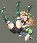  :d aqua_eyes armpits arms_up ass bangs bare_shoulders bike_shorts blonde_hair boots brown_hair eyebrows_visible_through_hair floral_print gloves green_background green_eyes hair_between_eyes hair_ornament hairclip knee_boots knee_pads kneeling long_pointy_ears looking_at_viewer mochi.f multiple_girls open_mouth outstretched_arms patty_(pso2) phantasy_star phantasy_star_online_2 pointy_ears short_hair short_twintails simple_background smile thigh_boots thigh_strap thighhighs tiea twintails 