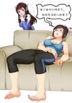  2girls :o absurdres bangs barefoot beijing_slouch blue_nails bodysuit breasts brown_eyes brown_hair capri_pants couch covering_mouth curvy d.va_(overwatch) glasses hair_bun hair_ornament hair_stick hand_on_own_stomach headphones highres large_breasts long_hair looking_at_another mei_(overwatch) midriff multiple_girls nail_polish overwatch pants slouching streamingsun tank_top toenail_polish translated whisker_markings yoga_pants 