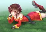  1girl :q ass bandage bandaged_leg bandages bare_shoulders belt black_gloves boots brown_footwear brown_hair collar collarbone dress fingerless_gloves foot_up gloves grass kono_subarashii_sekai_ni_shukufuku_wo! long_sleeves looking_at_viewer loose_belt lying megumin mismatched_legwear off-shoulder_dress off_shoulder on_ground on_stomach pantylines rabittofaa red_dress red_eyes short_hair_with_long_locks single_thighhigh solo taut_clothes taut_dress thighhighs tongue tongue_out 