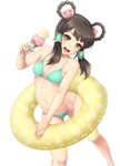  :d bare_shoulders bikini black_hair breasts brown_eyes green_bikini hair_rings hair_tubes ice_cream_cone innertube long_hair looking_at_viewer mochi.f navel open_mouth simple_background small_breasts smile solo soulcalibur swimsuit white_background yan_leixia 