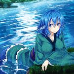  blue_eyes blue_hair breasts colored_eyelashes commentary_request din_(flypaper) head_fins japanese_clothes kimono lake large_breasts lens_flare long_sleeves medium_breasts mermaid monster_girl obi sash smile solo touhou wakasagihime wet wet_clothes wet_hair wide_sleeves 