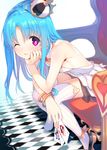  bare_shoulders blue_hair blush bracelet breasts card chair chin_rest commentary_request crown dress from_side heart heart-shaped_pupils jewelry long_hair looking_at_viewer mini_crown one_eye_closed original parted_lips playing_card red_eyes sideboob sitting small_breasts smile solo striped striped_legwear symbol-shaped_pupils tatami_to_hinoki thighhighs vertical-striped_legwear vertical_stripes white_dress white_legwear 