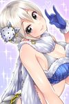  :3 arched_back ass black_eyes blonde_hair blue_gloves breasts chain cleavage crop_top earrings fox_shadow_puppet fur_trim gloves hair_ornament head_tilt heart idolmaster idolmaster_cinderella_girls jewelry large_breasts leaf_hair_ornament looking_at_viewer mio_(mgr300) scarf shiomi_shuuko short_hair smile solo sparkle 