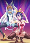  2girls alternate_costume armlet blue_skin blush bracelet bunny_ears bunny_girl crescent_moon duel_monster green_eyes heels legs_apart lunalight_white_rabbit mask moon open_mouth pole purple_hair sagattoru serena_(yuu-gi-ou_arc-v) shiny_skin thigh_boots tongue_out yellow_shoes yu-gi-oh! yuu-gi-ou_arc-v 