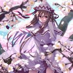  blonde_hair blurry blurry_background bow capelet cherry_blossoms dappled_sunlight din_(flypaper) dress fairy_wings frilled_dress frills hand_in_hair hat hat_ribbon lily_white long_hair long_sleeves looking_at_viewer nature outdoors red_bow red_eyes red_ribbon ribbon sash smile solo sunlight touhou tree very_long_hair white_dress white_hat wings 