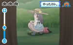  1girl ass bag black_hair blue_dress blush dress eyebrows flower gameplay_mechanics grass kneeling long_hair nintendo npc_trainer peeing pokemon pokemon_(game) pokemon_sm rotom sightseer_(pokemon) smile sun_hat sunglasses 