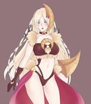  1girl blonde_hair blue_eyes blush breasts cape choker cleavage crescent_moon divine_grace_-_northwemko duel_monster eyebrows eyelashes fur gloves long_hair lunalight_leo_dancer lunalight_leo_dancer_(cosplay) midriff moon navel open_mouth red_cape solo standing yu-gi-oh! yuu-gi-ou_duel_monsters 