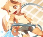 anthro brown_eyes brown_fur bulge canine clothed clothing cub dog fur male mammal moki navel nipples open_mouth smile solo standing swimming_trunks swimsuit topless water_hose young 