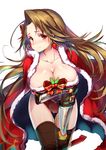  bad_id bad_twitter_id bangs blush breast_hold breasts brown_hair brown_legwear cape cleavage closed_mouth collarbone commentary_request corset cowboy_shot earrings granblue_fantasy hair_ornament hong_(white_spider) jewelry katalina_aryze large_breasts leaning_forward long_hair looking_at_viewer nose_blush red_eyes santa_costume solo swept_bangs thighhighs 