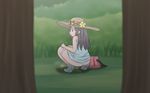  1girl ass bag black_hair blue_dress blush dress eyebrows flower grass kneeling long_hair nintendo npc_trainer peeing pokemon pokemon_(game) pokemon_sm sightseer_(pokemon) smile sun_hat sunglasses 