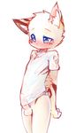  anthro balls blue_eyes blush cat clothing cub embarrassed erection feline fur invalid_background invalid_color looking_down male mammal nobusuke shirt solo standing tan_fur translucent transparent_clothing young 