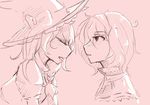  alice_margatroid animated animated_gif blush bow capelet closed_eyes fly-gray hair_between_eyes hat hat_bow kirisame_marisa kiss monochrome multiple_girls pink_background ribbon_trim simple_background touhou upper_body witch_hat yuri 