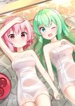  ;d armpits bangs bare_shoulders blue_eyes blush breasts cleavage collarbone commentary_request green_hair highres holding_hands komeiji_koishi komeiji_satori long_hair looking_at_viewer lying medium_breasts multiple_girls naked_towel ominaeshi_(takenoko) on_back one_eye_closed open_mouth parted_lips partially_submerged pink_eyes pink_hair short_hair siblings sisters smile touhou towel 