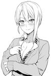  1girl blush breasts cleavage collarbone collared_shirt highres large_breasts long_sleeves looking_at_viewer loose_necktie monochrome nakiri_alice necktie prime school_uniform shirt shirt_pull shokugeki_no_souma short_hair smile solo striped striped_necktie sweat sweater upper_body 