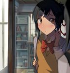  black_hair blurry blush bow bowtie commentary_request depth_of_field highres kimi_no_na_wa mirror miyamizu_mitsuha ribbon school_uniform short_hair solo sweater_vest walzrj 