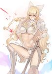  armor bikini_armor blonde_hair blood bow charlotte_(fire_emblem_if) curly_hair european_clothes fire_emblem fire_emblem_if iriya_(lonesome) long_hair looking_at_viewer pauldrons smile solo toned weapon 