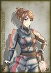  artist_request black_gloves blue_eyes brown_hair copyright_name gloves hand_on_hip lowres ramona_linton senjou_no_valkyria senjou_no_valkyria_1 short_hair solo 