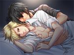  bangs bed_sheet black_hair black_shirt blonde_hair closed_mouth collarbone eyebrows_visible_through_hair final_fantasy final_fantasy_xv go-it grey_eyes hair_between_eyes hand_on_another's_chest looking_at_viewer lying male_focus multiple_boys noctis_lucis_caelum on_side prompto_argentum sample shirt signature sleeves_rolled_up smile spiked_hair unbuttoned unbuttoned_shirt watermark white_shirt yaoi 