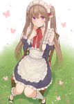  apron blush breasts brown_hair bug butterfly chair commentary day detached_sleeves dress elf frills grass insect long_hair looking_at_viewer maid maid_headdress medium_breasts myucel_foalan nananichi outbreak_company outdoors pointy_ears purple_eyes ribbon sitting solo twintails very_long_hair white_legwear 